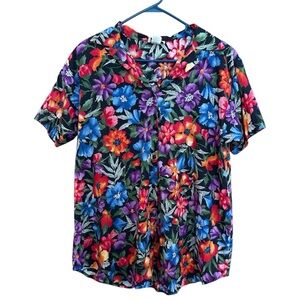 Vintage Oversized Maternity Floral Short Sleeve Button Down Shirt Single Stitch